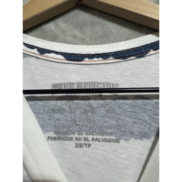 True Religion Graphic Shirt Men's XS Striped Wide Blue White Orange Y2K Buddha - Picture 3 of 6